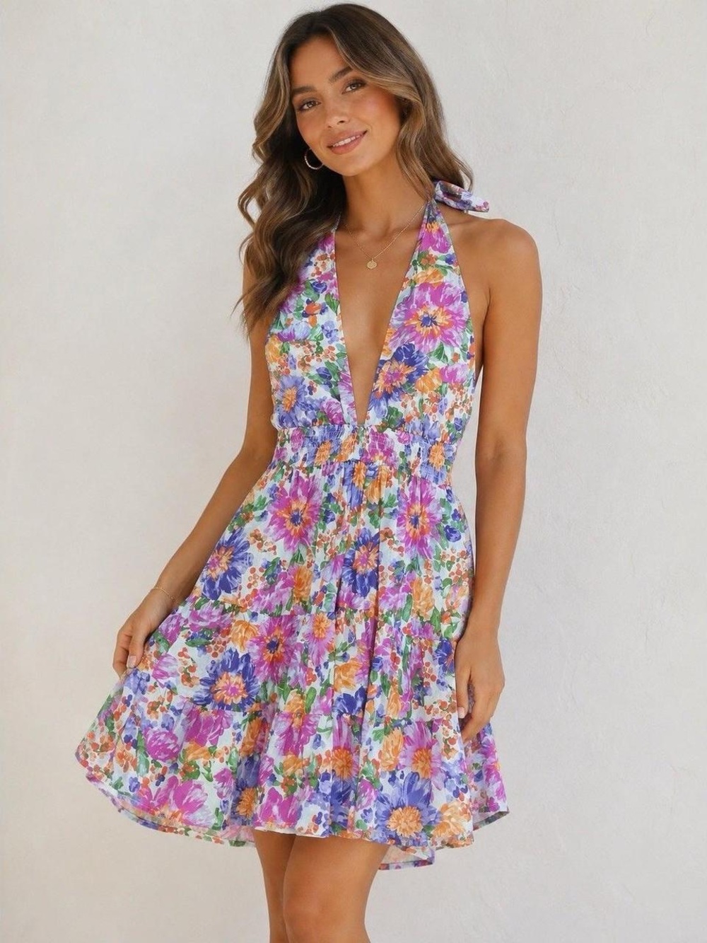 Hello Molly Floral Halter Mini Dress in Purple, Pink & Orange